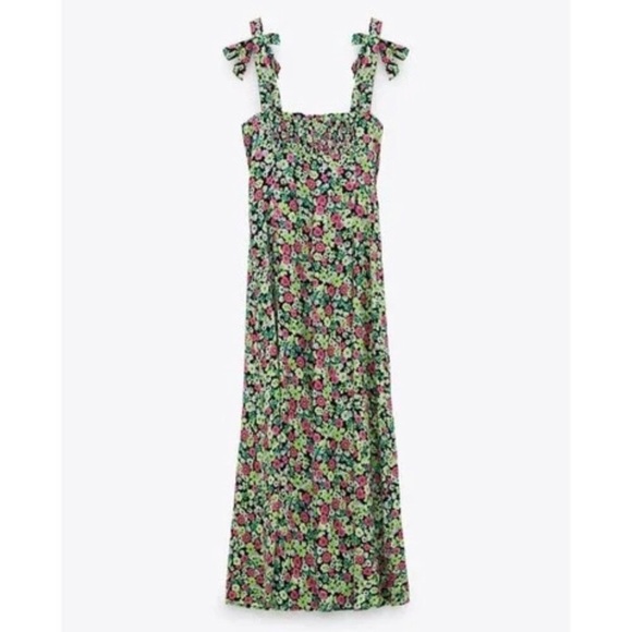 Zara✨Floral Print Green Pink Midi Dress - Picture 8 of 12